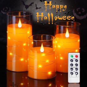 Homemory Halloween Orange Flameless Candles with String Lights, Battery Operated LED Candles with Remote and Timer, Candles for Halloween Decoration