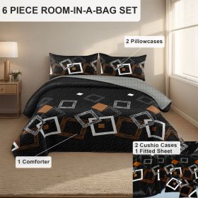 6 Piece Soft All-Season Washed Microfiber And Viscose Comforter Set ,  With Comforter, Sheet, Pillowcases & Shams, Print, Flowerd, Moisture-Wicking (Color: black geometry, size: KING)